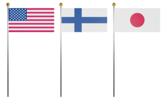 US Flag, Finland Flag, and Japan Flag all full staff