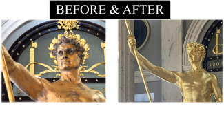 Comparison showing the the statue before and after restoration. After restoration the statue is much cleaner and brighter