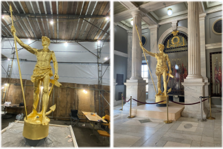 A split image of the independent man statue where it was restored and where it is being displayed in the statehouse