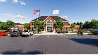 3d render of the front parking lot and garden area