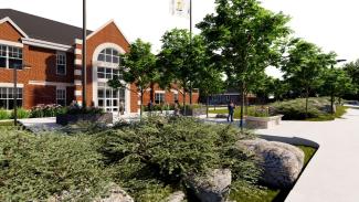 3d render of the garden area in front of the front entrance